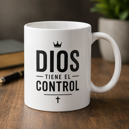 Taza Cristiana “Dios Tiene el Control” | Mug Blanco Minimalista para Hombre