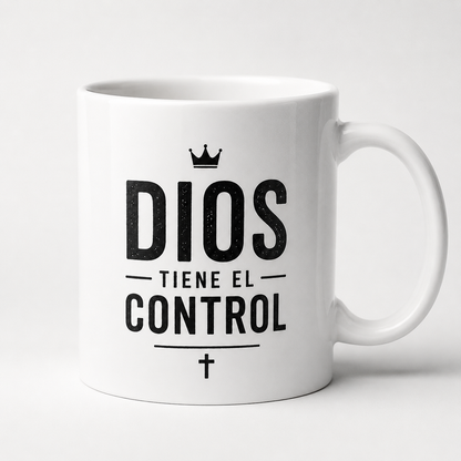 Taza Cristiana “Dios Tiene el Control” | Mug Blanco Minimalista para Hombre