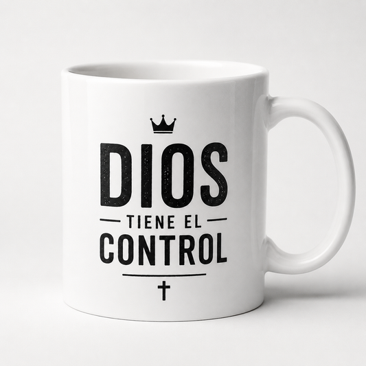Taza Cristiana “Dios Tiene el Control” | Mug Blanco Minimalista para Hombre