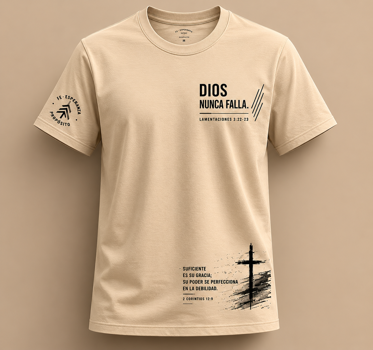 Dios Nunca Falla | Camiseta Cristiana Beige Unisex – Fe, Esperanza y Propósito