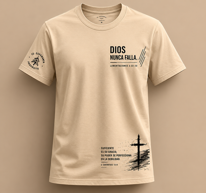 Dios Nunca Falla | Camiseta Cristiana Beige Unisex – Fe, Esperanza y Propósito