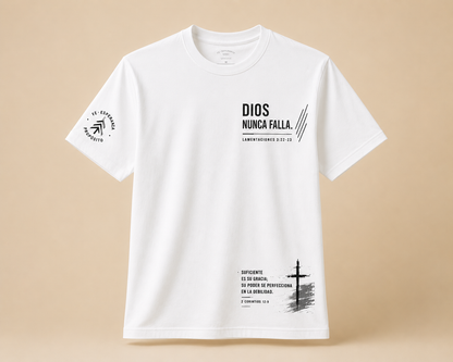 Dios Nunca Falla | Camiseta Cristiana Beige Unisex – Fe, Esperanza y Propósito