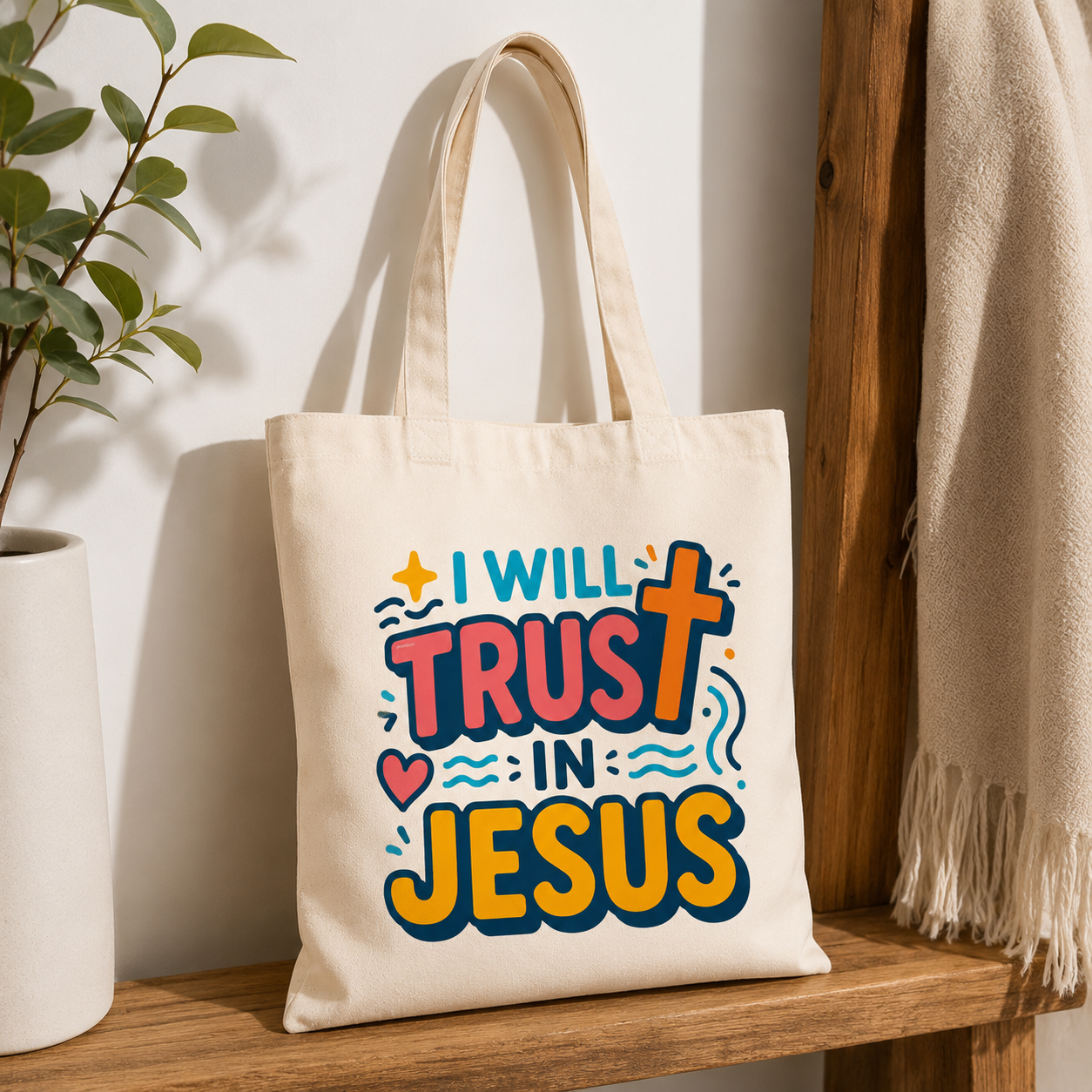 Tote Bag Cristiana “I Will Trust in Jesus” – Regalo Cristiano y Artículo de Fe