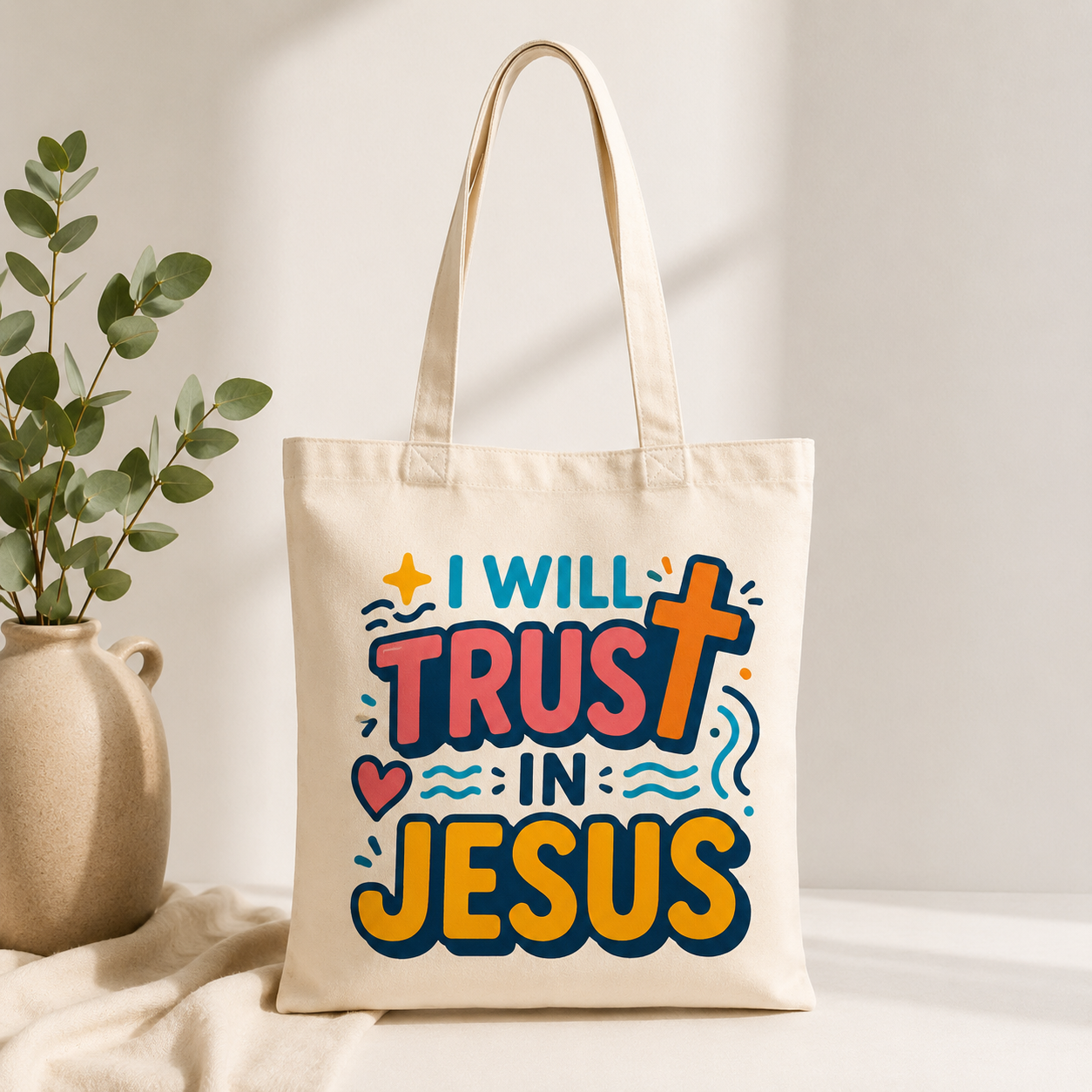 Tote Bag Cristiana “I Will Trust in Jesus” – Regalo Cristiano y Artículo de Fe