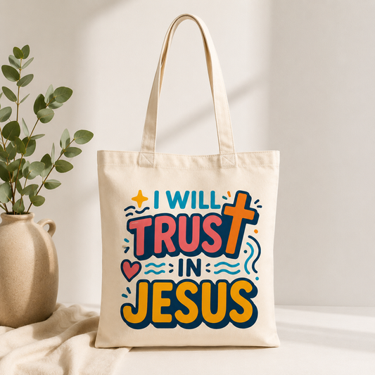Tote Bag Cristiana “I Will Trust in Jesus” – Regalo Cristiano y Artículo de Fe