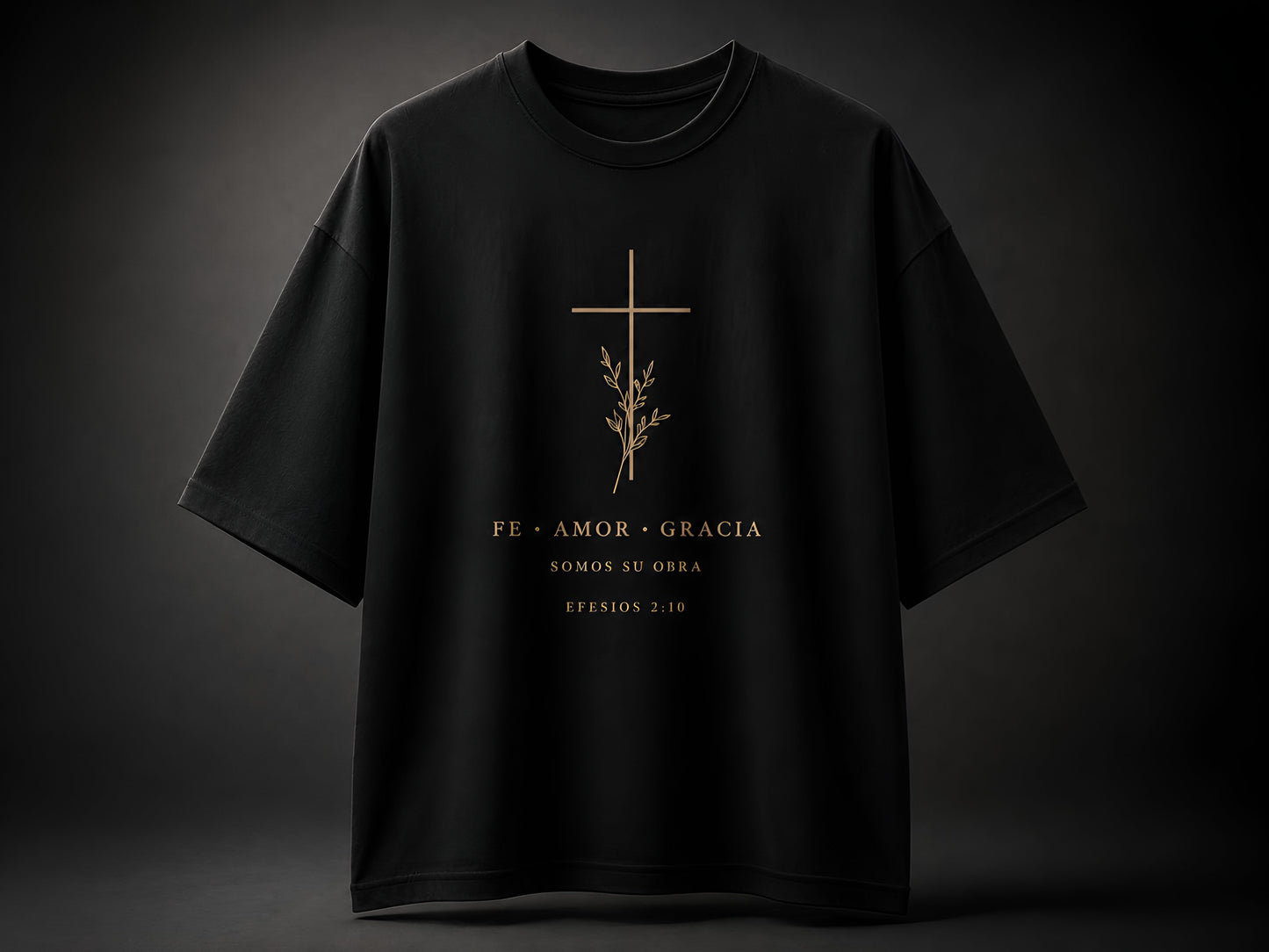 Camiseta Oversized Fe • Amor • Gracia – Efesios 2:10 | Negra