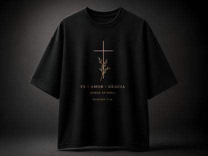 Camiseta Oversized Fe • Amor • Gracia – Efesios 2:10 | Negra