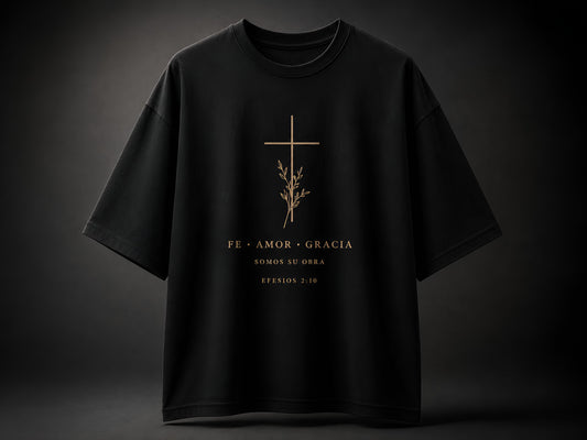 Camiseta Oversized Fe • Amor • Gracia – Efesios 2:10 | Negra