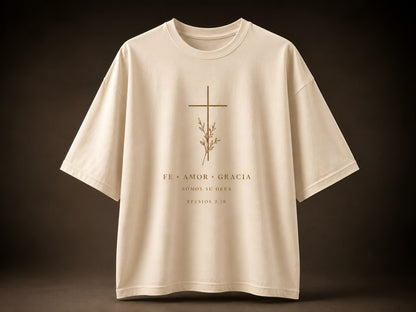 Camiseta Oversized Fe • Amor • Gracia – Efesios 2:10 | Negra