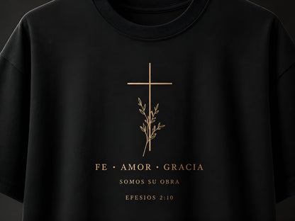 Camiseta Oversized Fe • Amor • Gracia – Efesios 2:10 | Negra