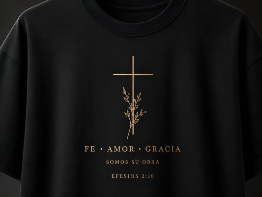 Camiseta Oversized Fe • Amor • Gracia – Efesios 2:10 | Negra