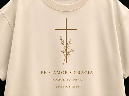 Camiseta Oversized Fe • Amor • Gracia – Efesios 2:10 | Negra