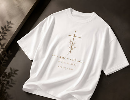Camiseta Oversized Fe • Amor • Gracia – Efesios 2:10 | Negra