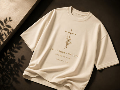 Camiseta Oversized Fe • Amor • Gracia – Efesios 2:10 | Negra