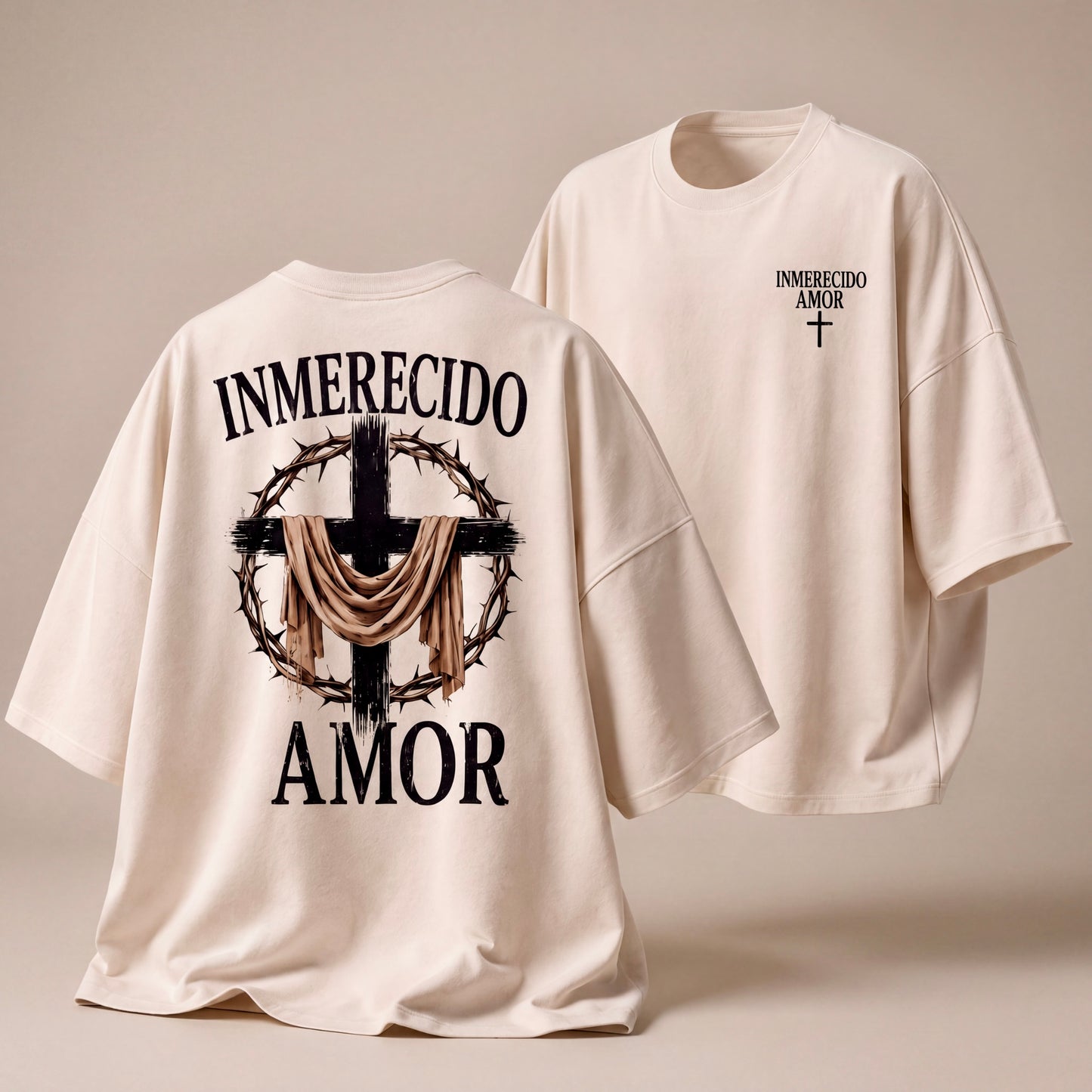 Camisa Oversize Cristiana 'Inmerecido Amor' – Cruz y Corona de Espinas