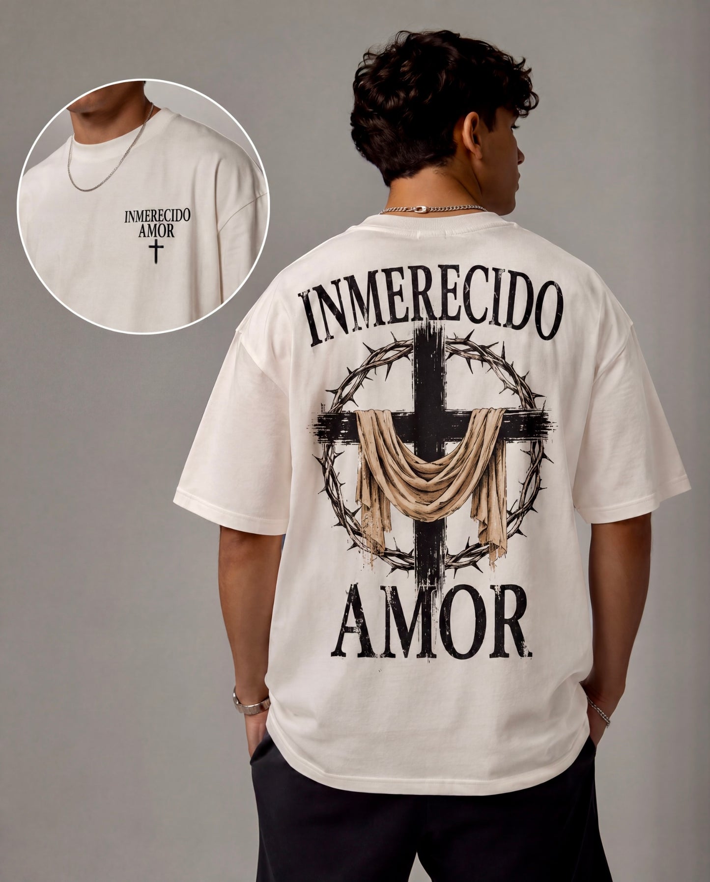 Camisa Oversize Cristiana 'Inmerecido Amor' – Cruz y Corona de Espinas