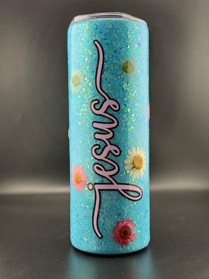 Vaso Térmico 20oz – Yo sé que mi Redentor vive (Flores y Resina, Brilla en la Oscuridad)