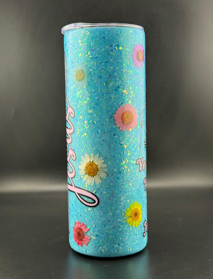 Vaso Térmico 20oz – Yo sé que mi Redentor vive (Flores y Resina, Brilla en la Oscuridad)