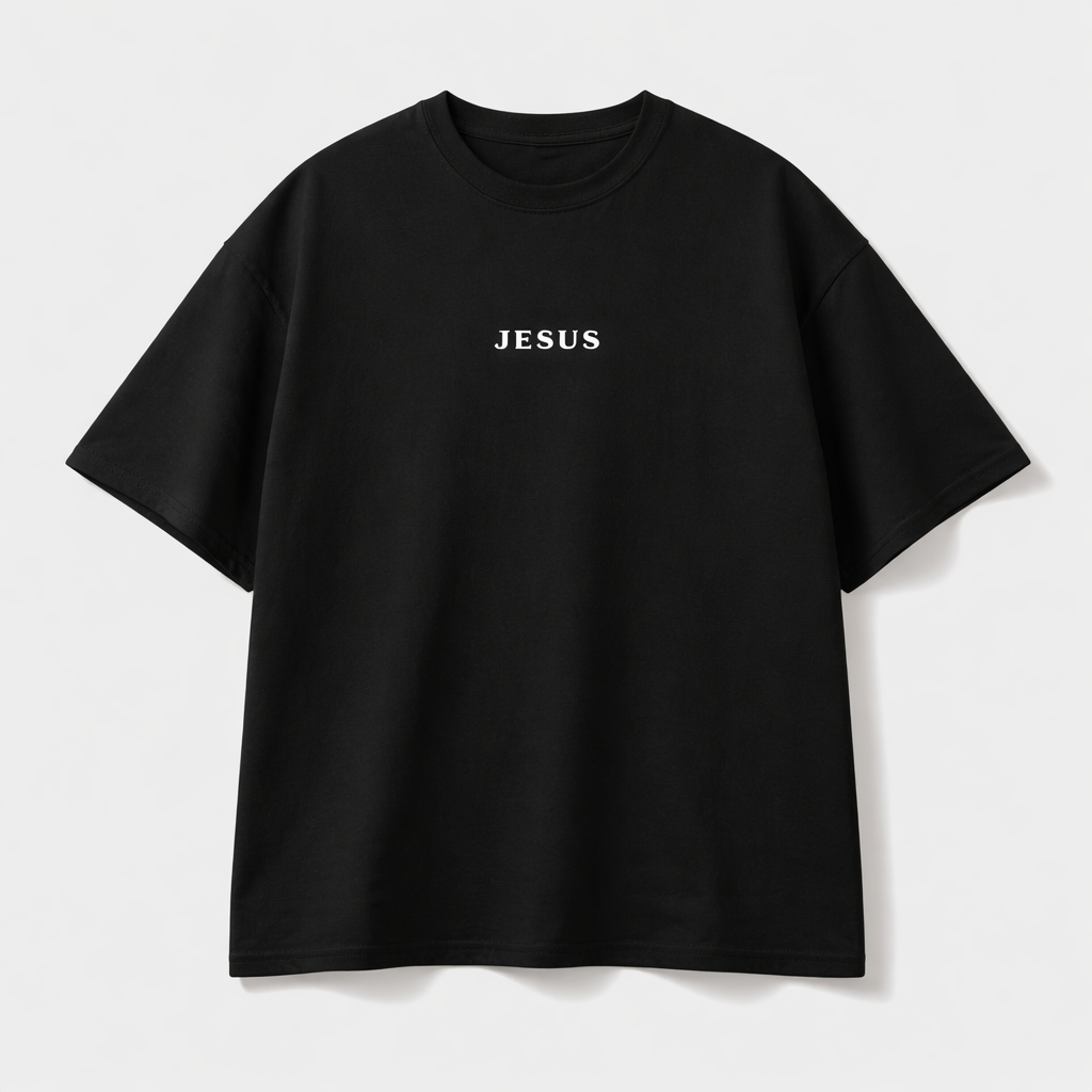 Camisa oversize negra con texto JESUS en blanco - vista flat lay