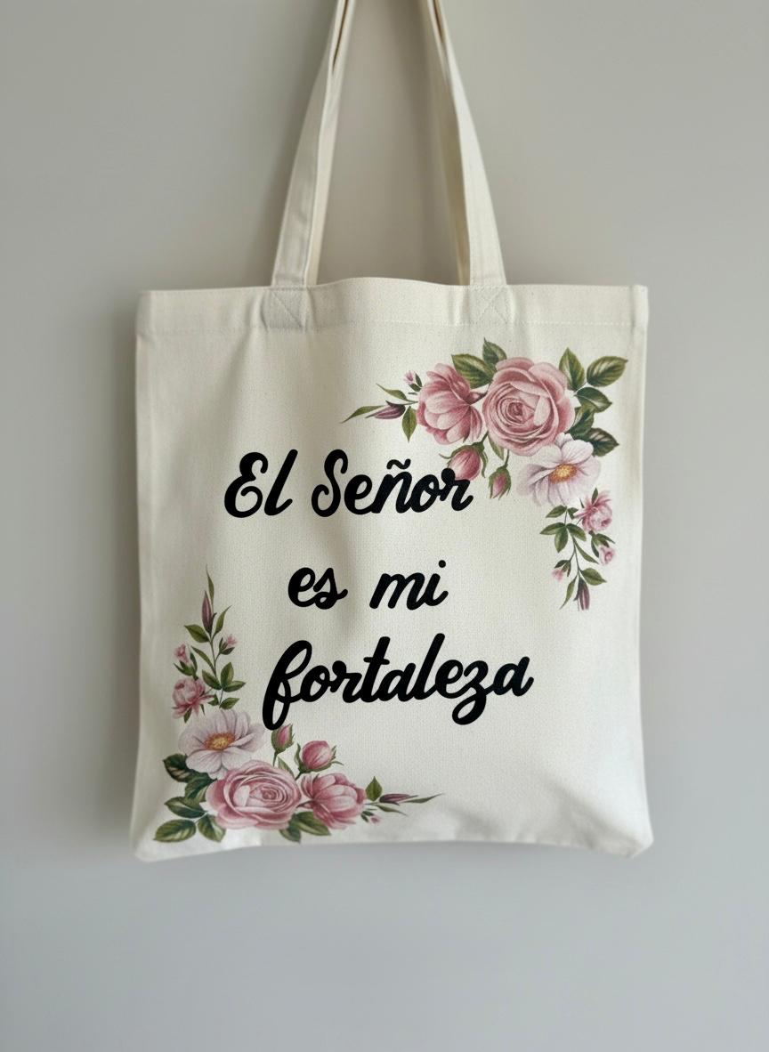 Tote Bag “El Señor es mi fortaleza” – Diseño Floral Elegante