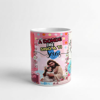 Taza Cristiana “A Dónde Iré Sino a Ti Jesús” – Diseño Floral con Mensaje de Fe