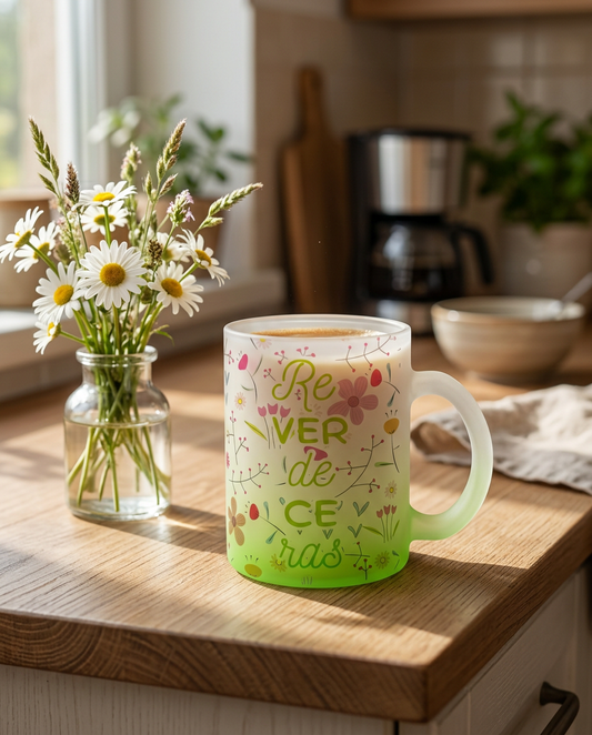 Taza de vidrio cristiana “Reverdecerás” – Regalo cristiano con diseño floral verde