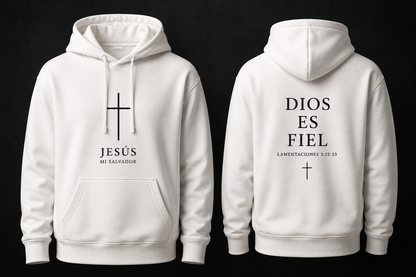 Hoodie Cristiano Jesus Mi Salvador / Dios es Fiel - Sudadera con Capucha Blanca