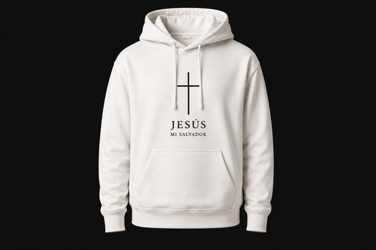 Hoodie Cristiano Jesus Mi Salvador / Dios es Fiel - Sudadera con Capucha Blanca
