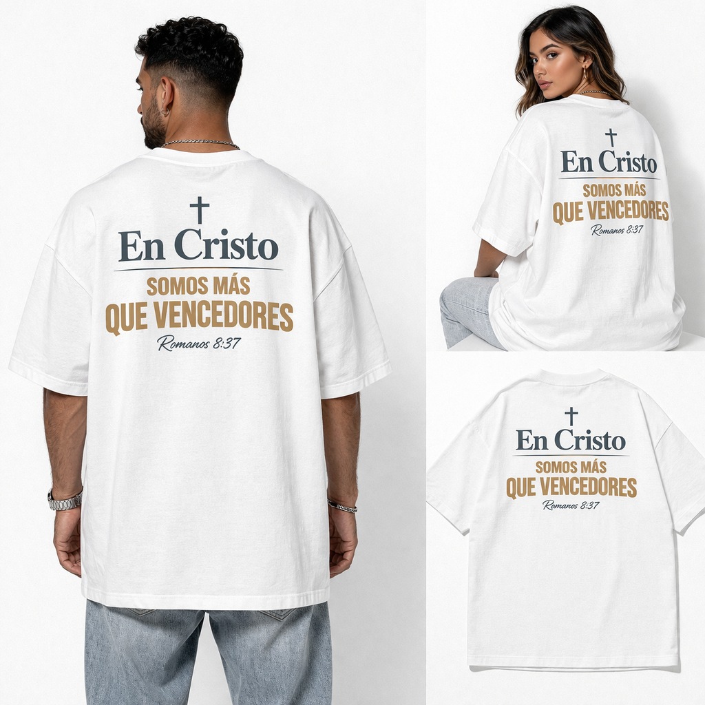Camisa oversize En Cristo Somos Más Que Vencedores - collage con modelos masculino y femenino